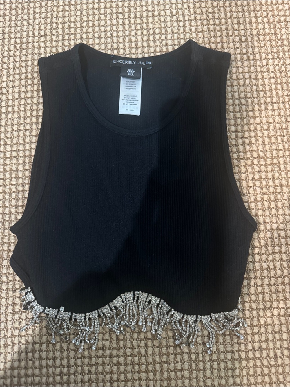 Sincerely Jules Black Ribbed Crop Tank with Silver Rhinestone Fringe